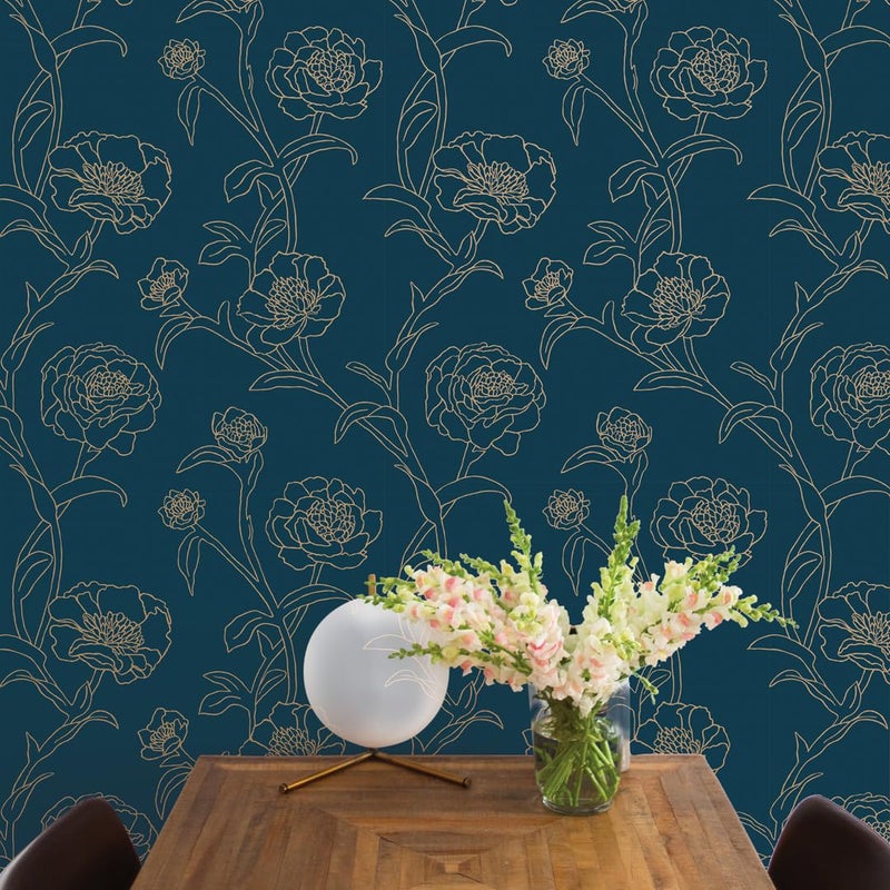 Tempaper Peacock Blue & Metallic Gold Peonies Removable Peel and Stick Floral Wallpaper, 20.5 in X 16.5 ft, Made in the USA - Image 5
